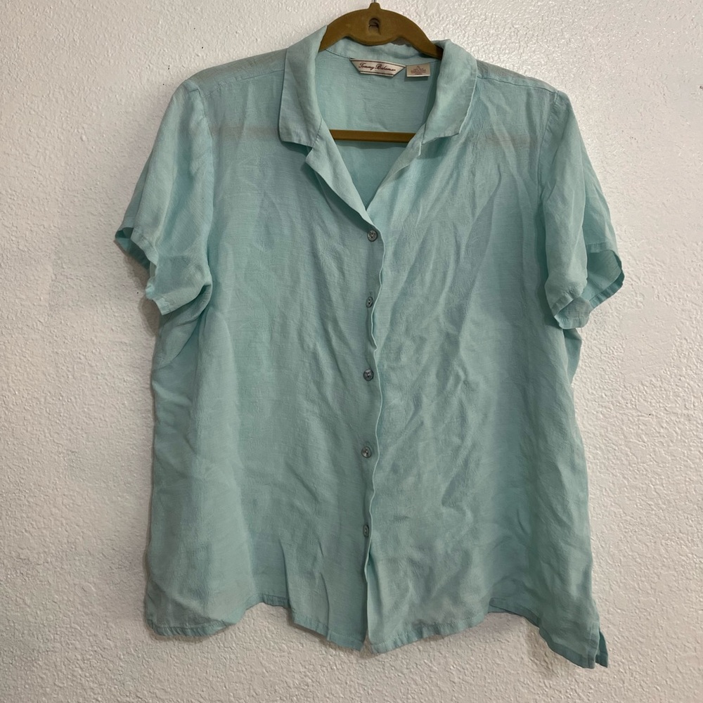 Tommy Bahama women’s 100% silk blue short sleeve XL button up blouse flowy Beach